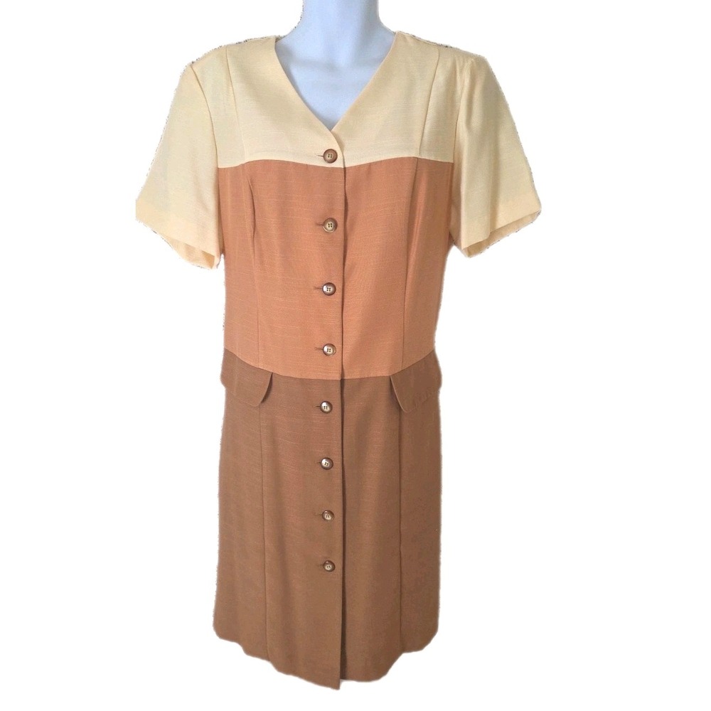 Halmode Plus Shift Dress 18W Yellow Brown Colorblock Button Front Short‎ Sleeve